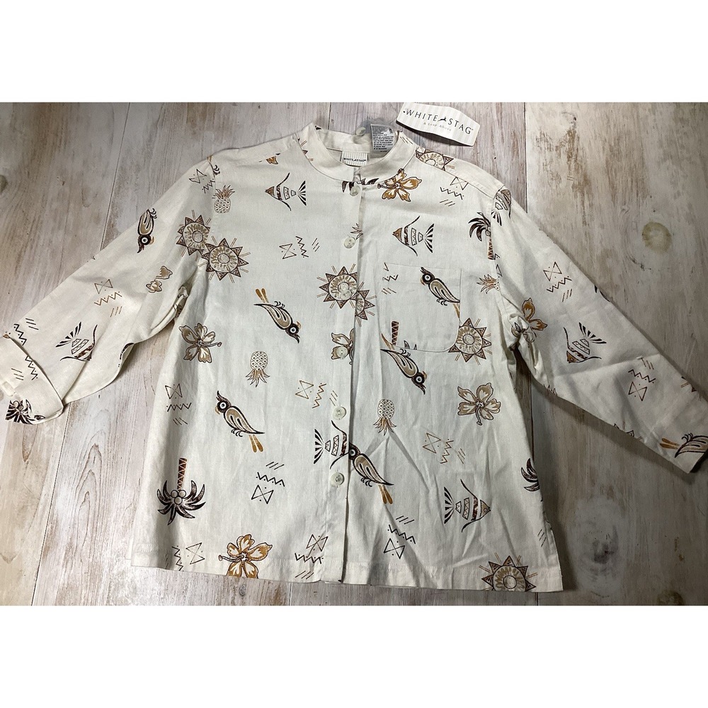 New Beige Shacket With Tribal Print Women's Medium Button Up Linen Blend Boho